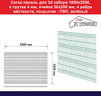 Сетка панель для 3д забора 1800х2500 диаметр прутка 4 мм, покрытие – ПВХ, зеленый, RAL 6005 