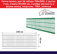 Сетка панель для 3д забора - перила 700х2000 диаметр прутка 4 мм, покрытие – ПВХ, зеленый, RAL 6005 