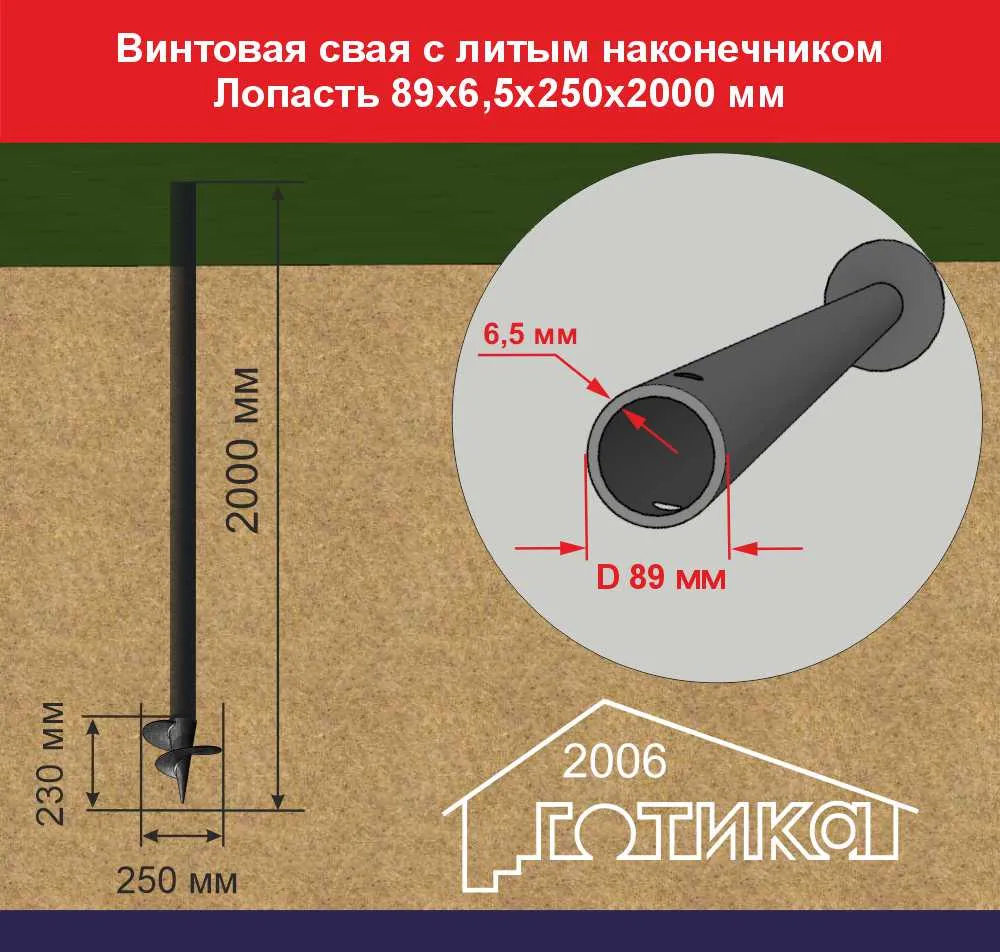 Винтовая свая с литым наконечником Лопасть 89х6,5х250х2000 мм